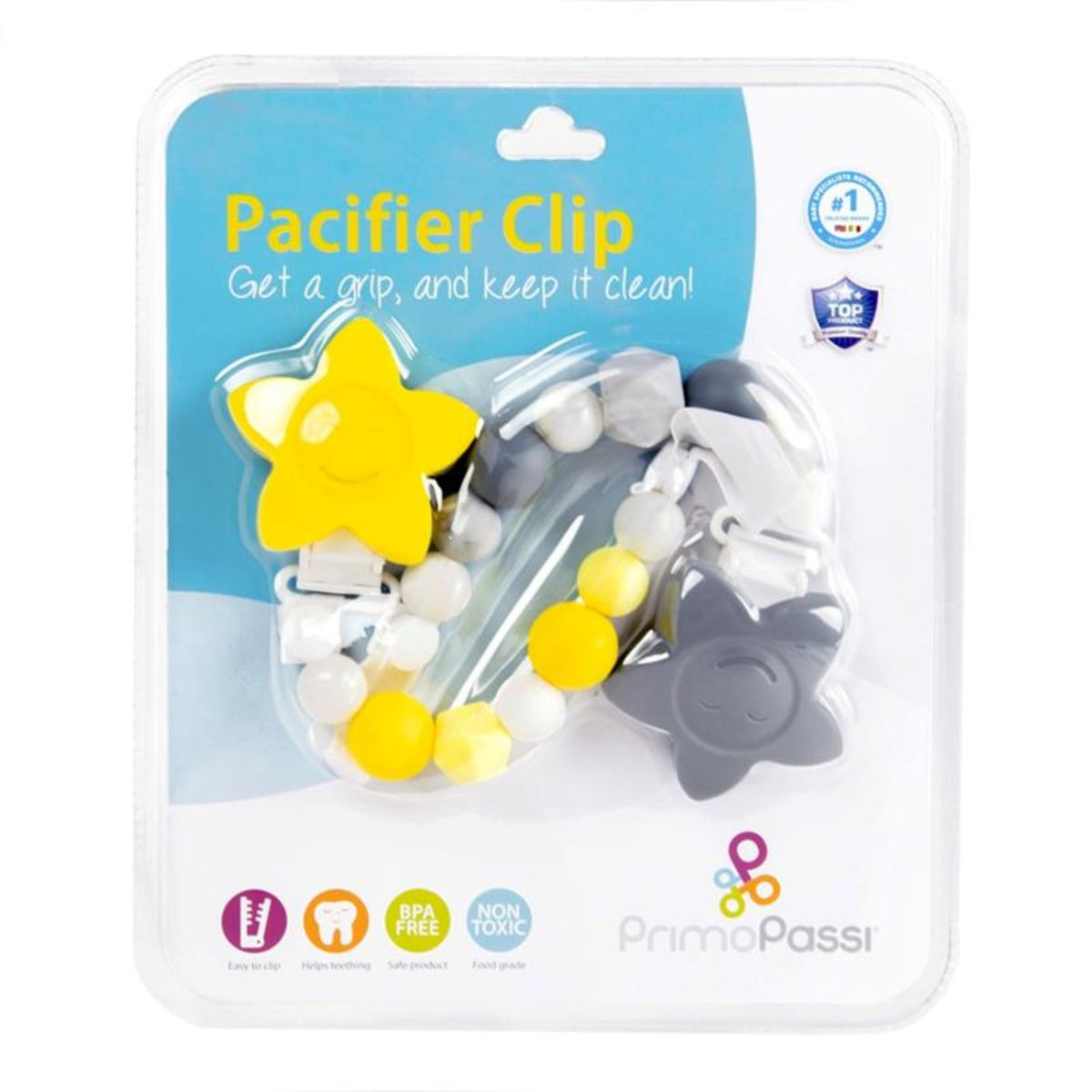 Primo Passi 3-in-1 Silicone Pacifier Clip in Grey and Yellow
