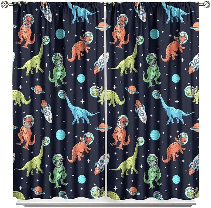Cartoon Dinosaur Curtains for Kids Boys Girls Home Decor, Astronaut Rocket Funny Outer Space Blackout Rod Pocket Window Drapes for Bedroom Living Room W42xL84in 2 Panels