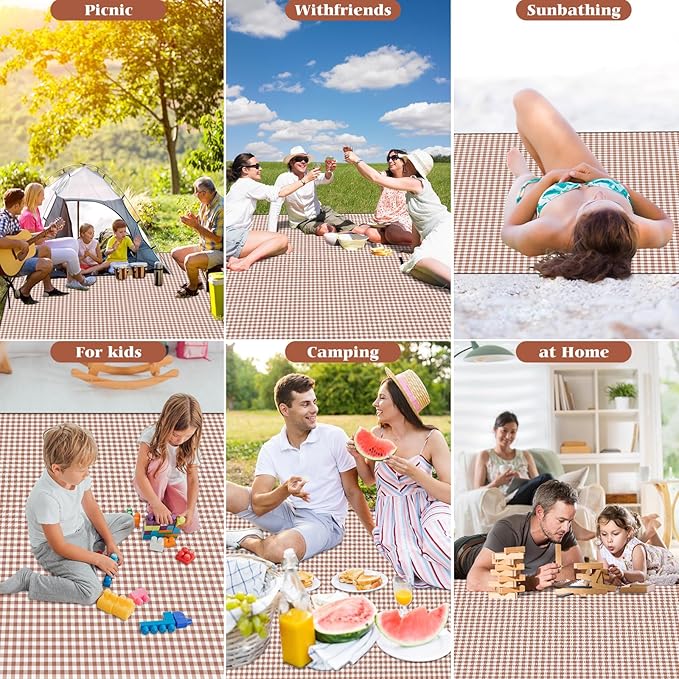 Picnic Blanket Waterproof Beach Rug 80''x80'' Picnic Mat Washable Lightweight with Handle Coffee Checkered for Hiking Travelling Outdoor Camping,Parks