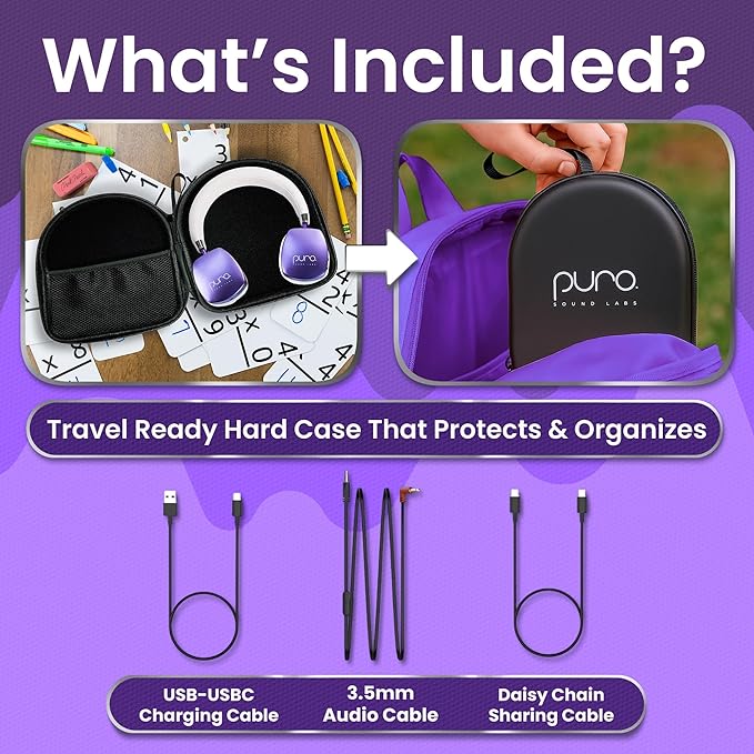 Puro Sound Labs PuroQuiet Plus Kids Noise Cancelling Headphones, Bluetooth Kids On Ear Headphones with Mic, Lightweight On-Ear Design, Studio-Grade Sound (Purple)