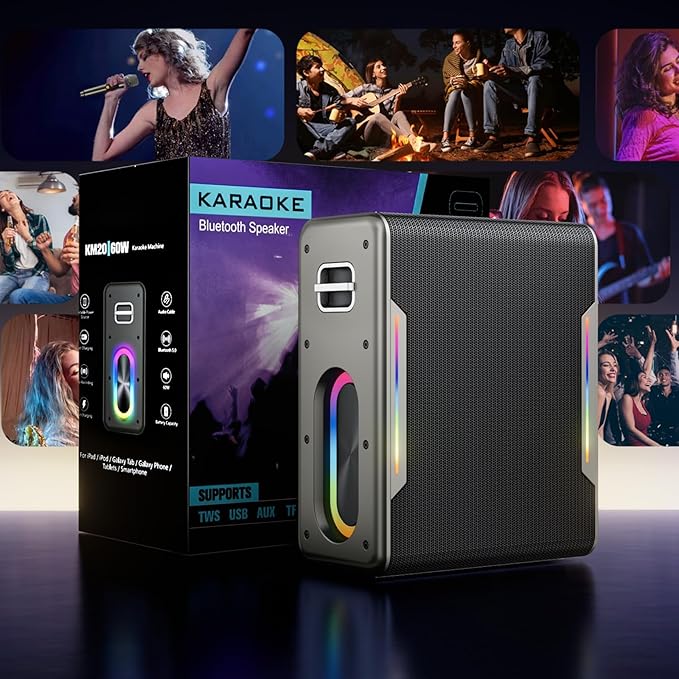Karaoke Machine with 2 Wireless Microphones Portable Bluetooth Karaoke Machine for Adults Kids DSP Chip Karaoke Speaker with LED Lights Supports TWS TF Card USB AUX in