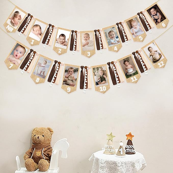 pinkblume 1st Birthday Burlap Photo Banner Garland Handmade Felt from Newborn to 12 Months with Gradient Brown Ribbon for Baby Boy Girl Monthly Milestones First Birthday Party Decoration Supplies