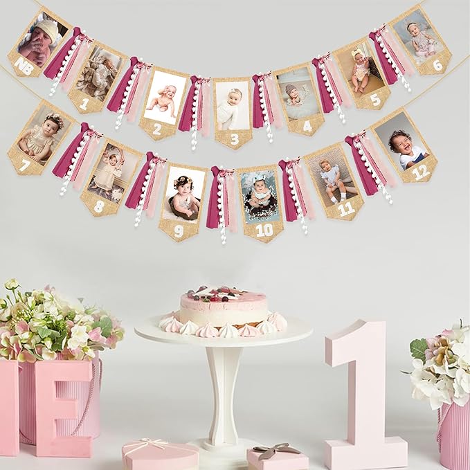 pinkblume 1st Birthday Burlap Photo Banner Garland Handmade Felt from Newborn to 12 Months with Gradient Dusty Pink Ribbon for Baby Girl First Birthday Monthly Milestones Party Decorations Supplies