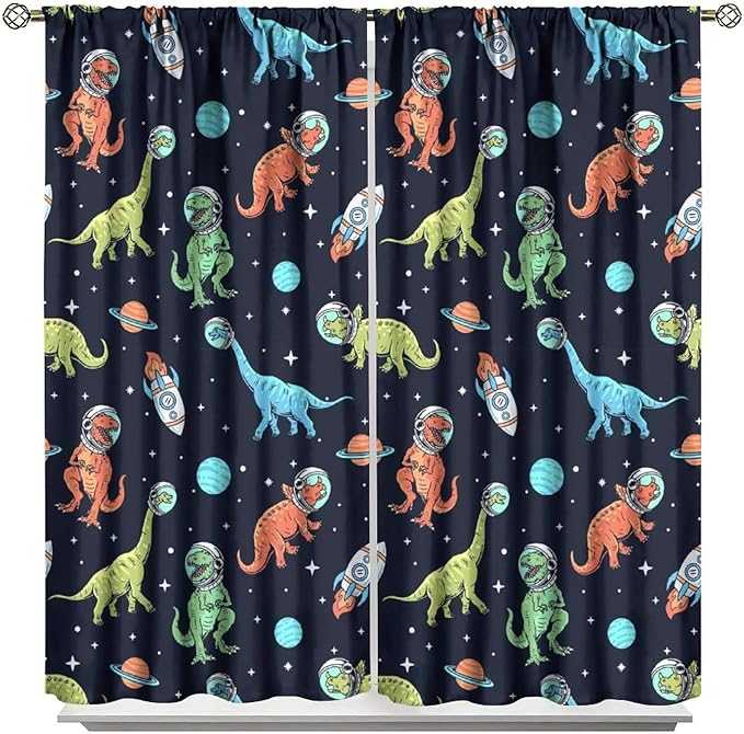 Cartoon Dinosaur Curtains for Kids Boys Girls Home Decor, Astronaut Rocket Funny Outer Space Blackout Rod Pocket Window Drapes for Bedroom Living Room W27.5xL63in 2 Panels