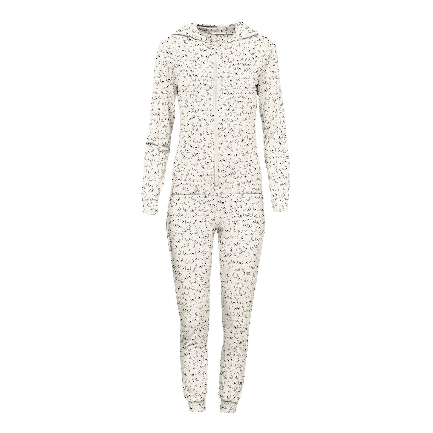 Women's Print Long Sleeve Jumpsuit with Hood in Breast Cancer Awareness