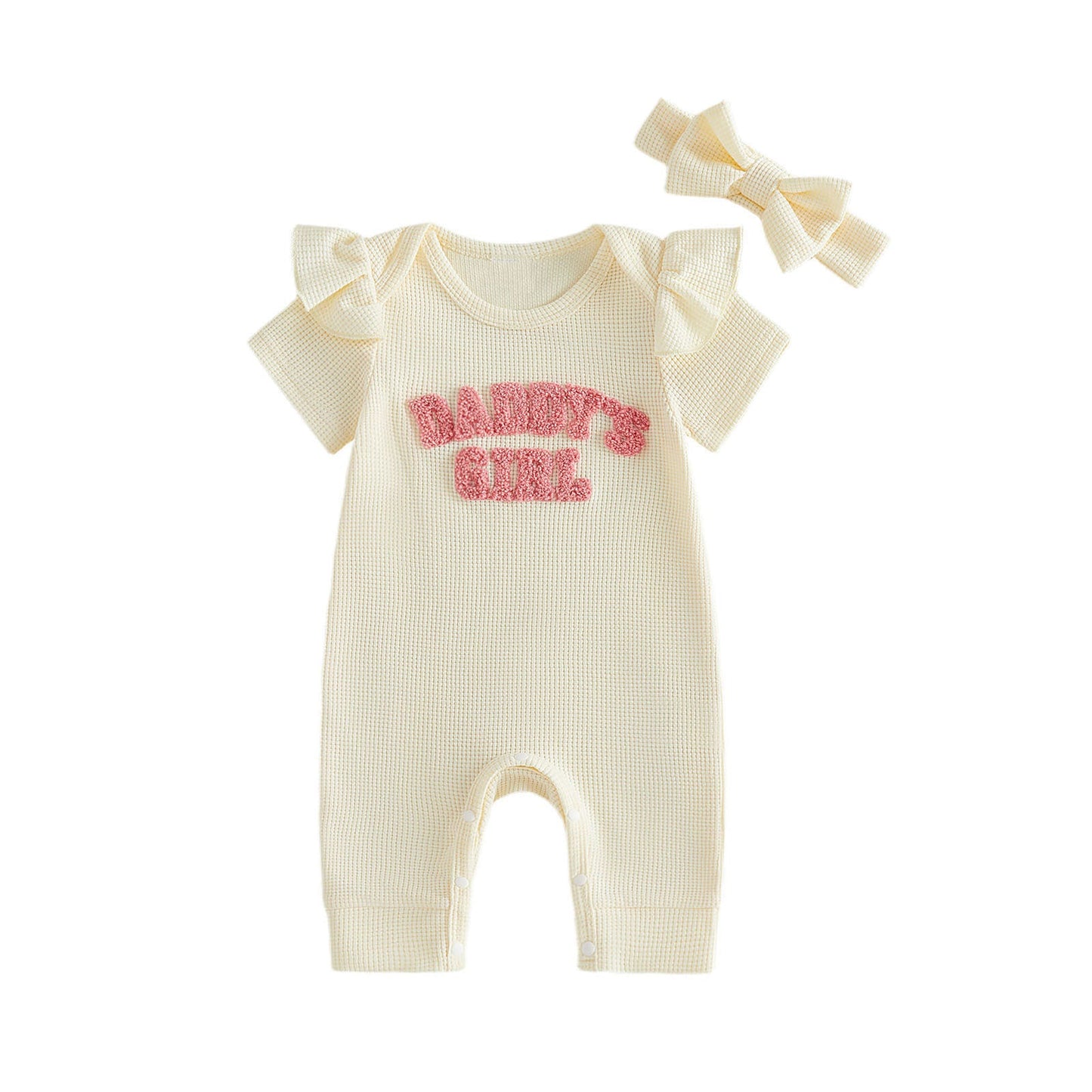 Waffle-Print Flutter-Sleeve Onesie Headband Two-Piece Set For Baby Girls