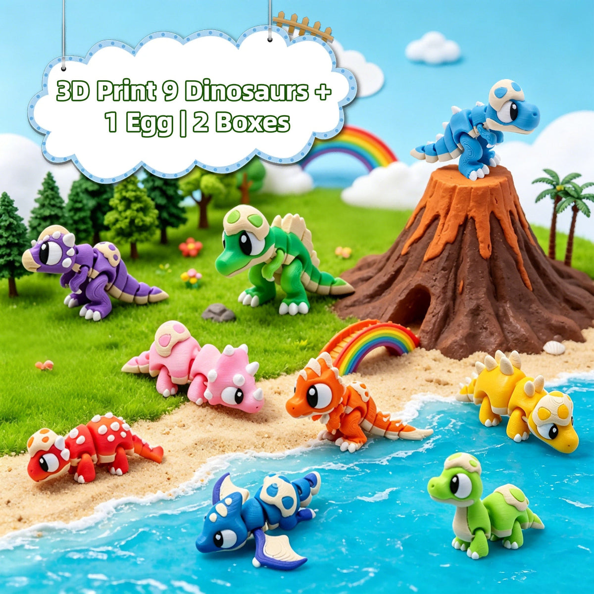 9PCS 3D Printed Dinosaur Figures 1 Dinosaur Egg Set