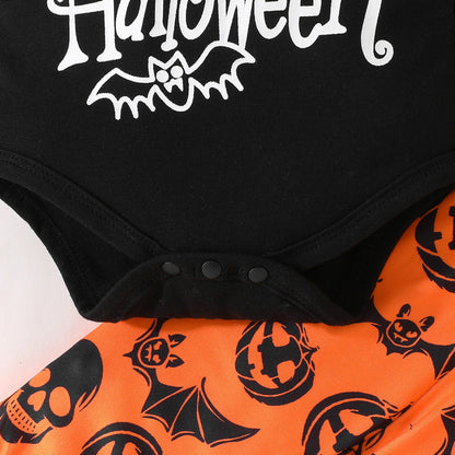 Baby Halloween Letter Long-sleeve Jumpsuit Pumpkin Pattern Trousers Hat Suit