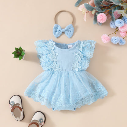 2024 Summer Baby Girl Sweet Sleeveless Lace Triangle Rompers Mesh Lace Flower Dress