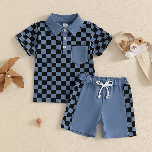 Boys' Lapel Plaid Short Sleeve T-shirt Shorts Set