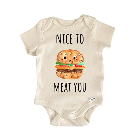Nice To Meet You Burger Hamburger Baby Gift Baby Bodysuit