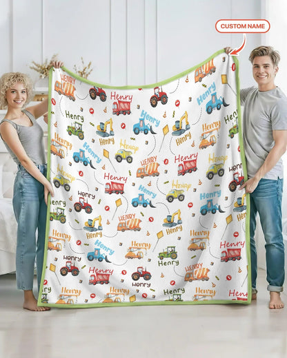 Construction Vehicles Custom Name Bamboo Blanket