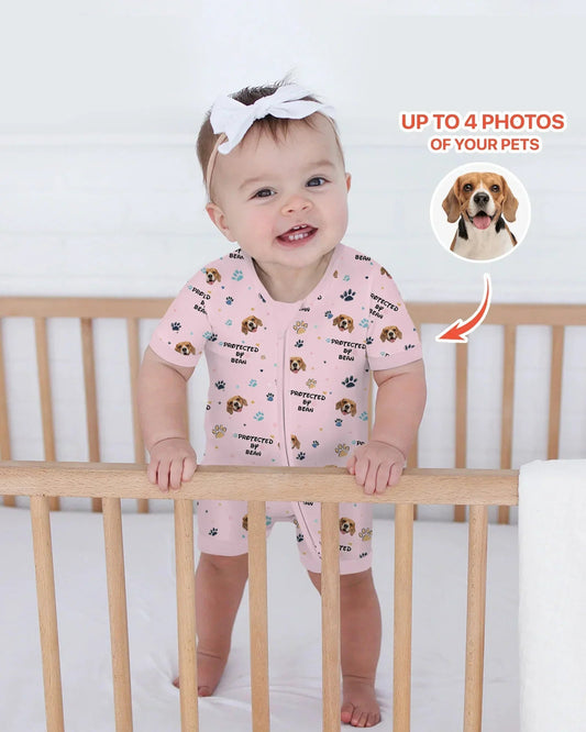 Custom Dog Photo Pattern "Protected By" Bamboo Shorty Zippered Romper