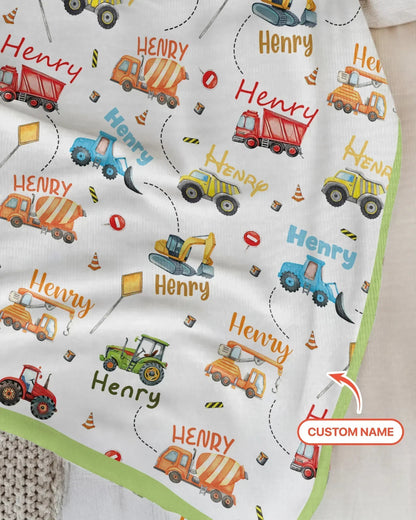 Construction Vehicles Custom Name Bamboo Blanket