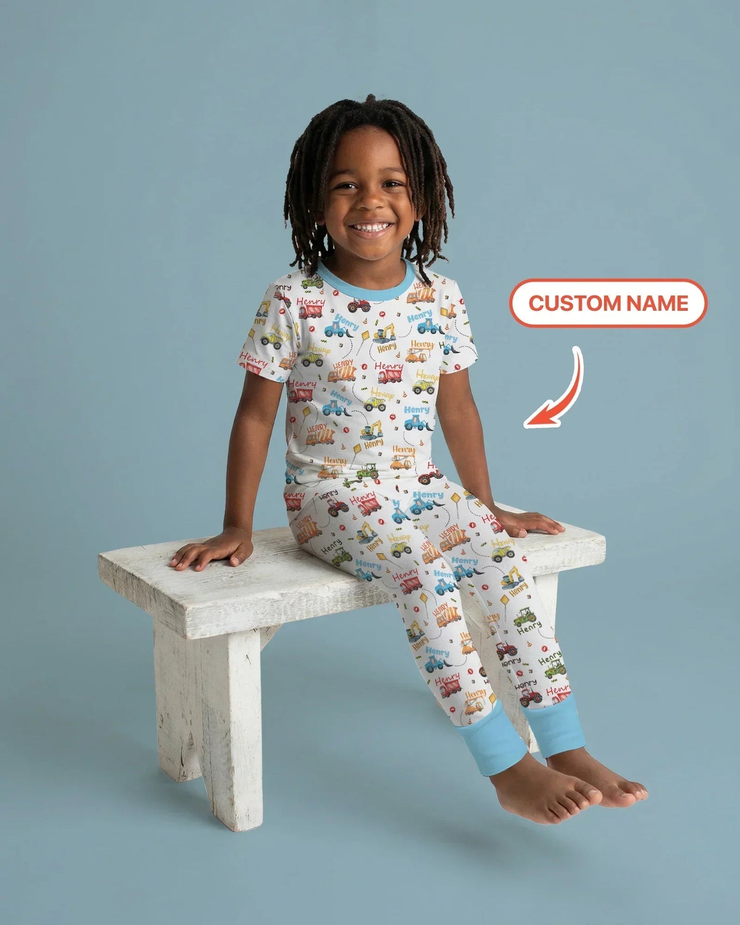 Construction Vehicles Custom Name Bamboo Two Piece Short Sleeve Pajama Set