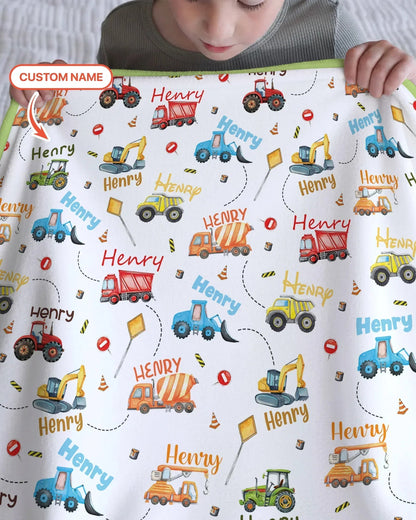 Construction Vehicles Custom Name Bamboo Blanket
