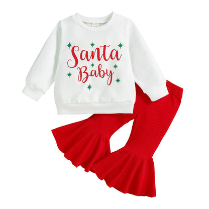 Christmas Autumn And Winter Girl Letter Jumpsuit Velvet Stitching Plush Bell-bottom Pants Children Suit