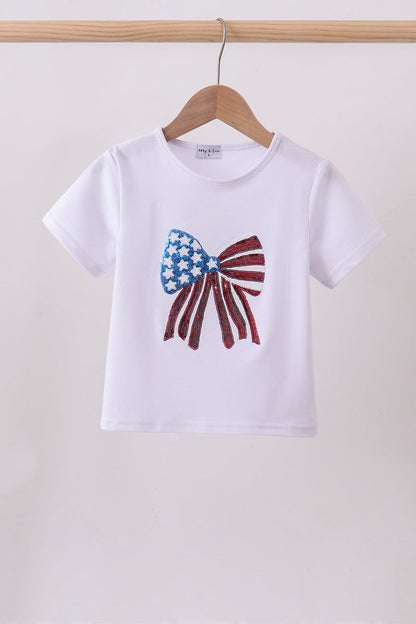 White bow sequin mom&me top