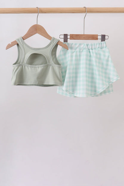 Green football french knot gingham skorts set