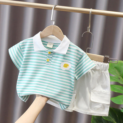 Boys' Summer Cute Stripes Solid Color Short-sleeved Shorts Two-piece Set