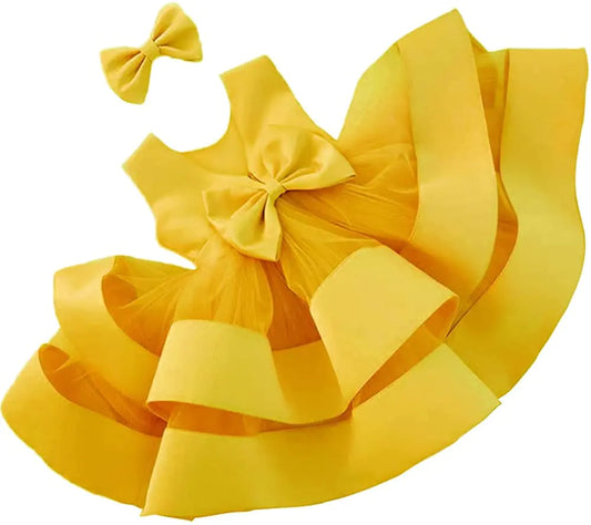 12M-18M  Toddler Girl Bowknot Backless | Tutu Gown Ruffle Lace Tulle Pageant Dress | Baby Party Dresses with Headwear | Yellow 80 - # BAAA51110002