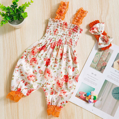 Infant And Toddler Clothing Suspender Top With Waist Tie, Printed Bloomers, Two-piece Set