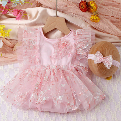 Two-piece Newborn Embroidery Floral Lace Mesh Jumpsuit