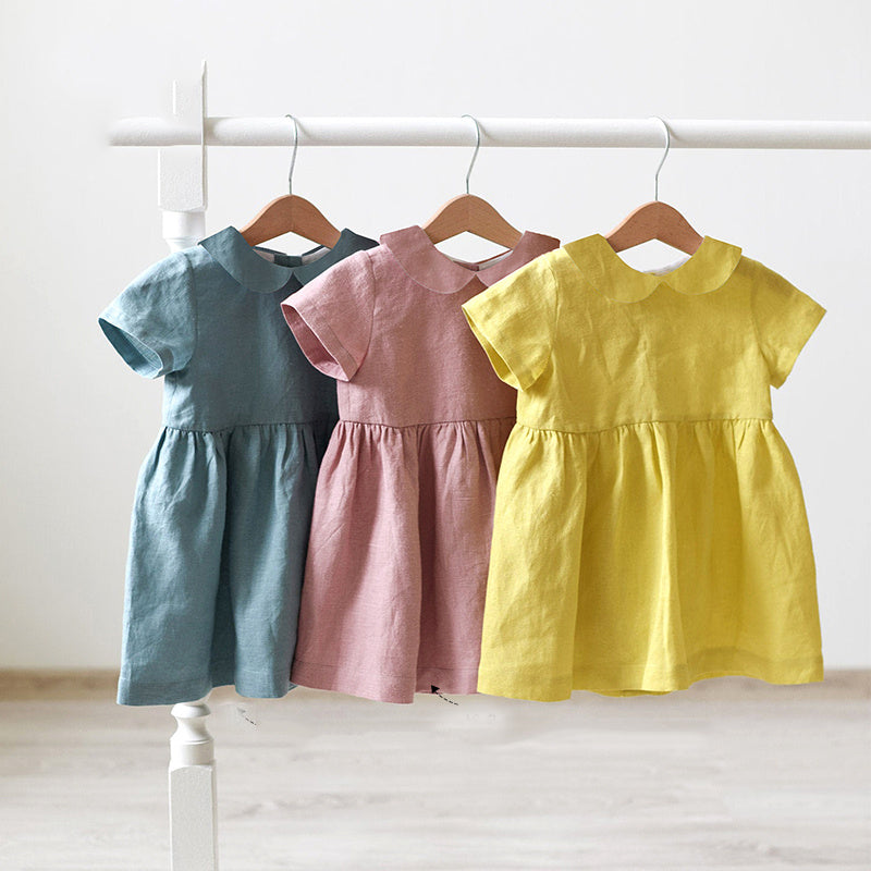 Girls' Linen Doll Collar Short Sleeve Dress