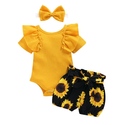 European And American Foreign Trade Lotus Leaf Sleeve Baby Romper Suit Summer New Style Kids Print Shorts