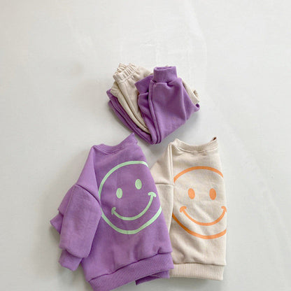 Smiley Pattern Casual Sweater Suit Baby Sports Pants Two-piece Suit