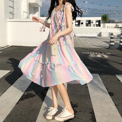 Rainbow Striped Suspender Dress Summer Korean loose Girl French Mid-Length Holiday Style Large Swing Beach Dress