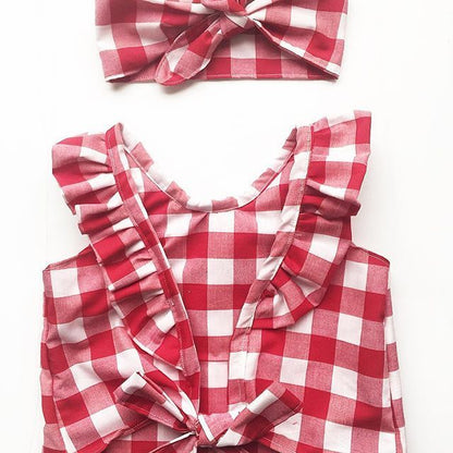 Children Plaid Top Denim Shorts Headdress Three-piece Set