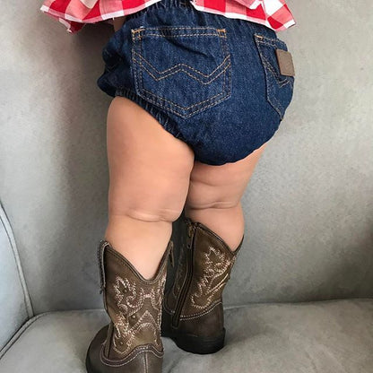 Children Plaid Top Denim Shorts Headdress Three-piece Set