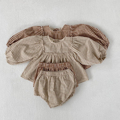 Girl's Suit Western Style Plaid Puff Sleeve Doll Top With Fart Pants Suit
