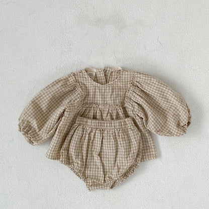 Girl's Suit Western Style Plaid Puff Sleeve Doll Top With Fart Pants Suit