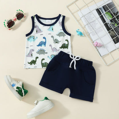Boys Fashion Cartoon Dinosaur Printed Two-piece Suit