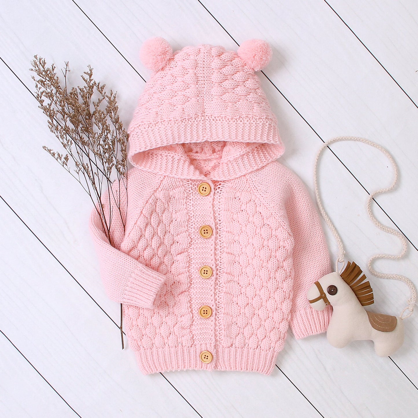 Wool ball hooded knitted jacket