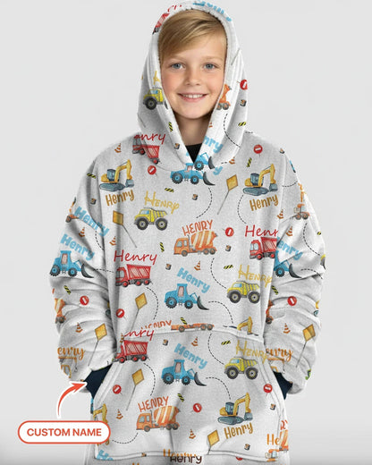 Construction Vehicles Custom Name Bamboo Blanket Hoodie