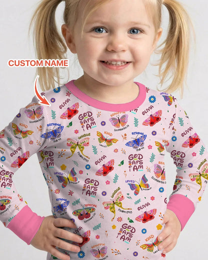 Custom Name God says I am Butterfly Bamboo Two Piece Long Sleeve Pajama Set