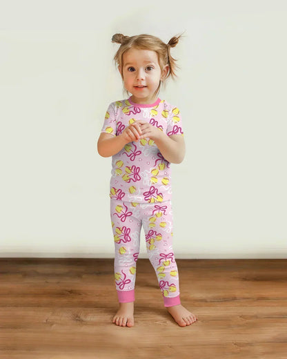Softball Cherry Mom And Girl Matching Bamboo Two Piece Short Sleeve Pajama Set