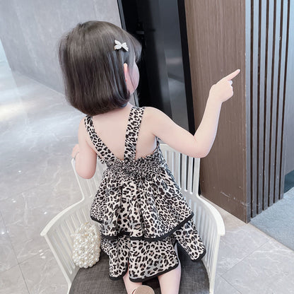 Leopard-print Backless Lace-up Dress With A Tiered Skirt