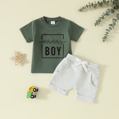 Boy's Clothing Printed Pullover Fashion Round Neck Solid Color Short Sleeve Pocket Shorts