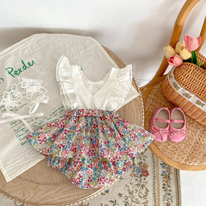 Baby Flounced Sleeve Suspender Fake Two Pieces Bottom-covering Rompers