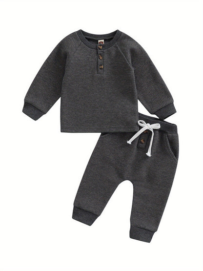 Toddler Thicken Waffle Clothes Set Boy Girls Buttons Round