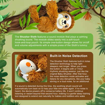 Shusher Sloth + 6-Pack Shushie™ Pacifiers – Soothing Bundle with Cuddly Cry Detection