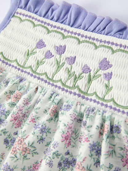 Spring Purple Floral Embroidered Smocked Bow Girl Dress