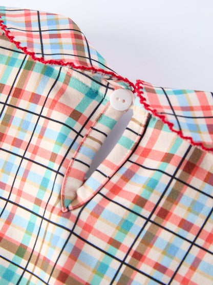 Back to School Plaid Girls Dress Apple Applique Peter Pan Collar