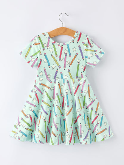 Back to School Pencil Print Girls Dress Short Sleeve
