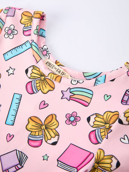 Back to School Print Girls Dress Short Sleeve