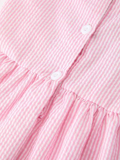 Girls Back To School Bow Twirl Dress Ruffle Applique Pink